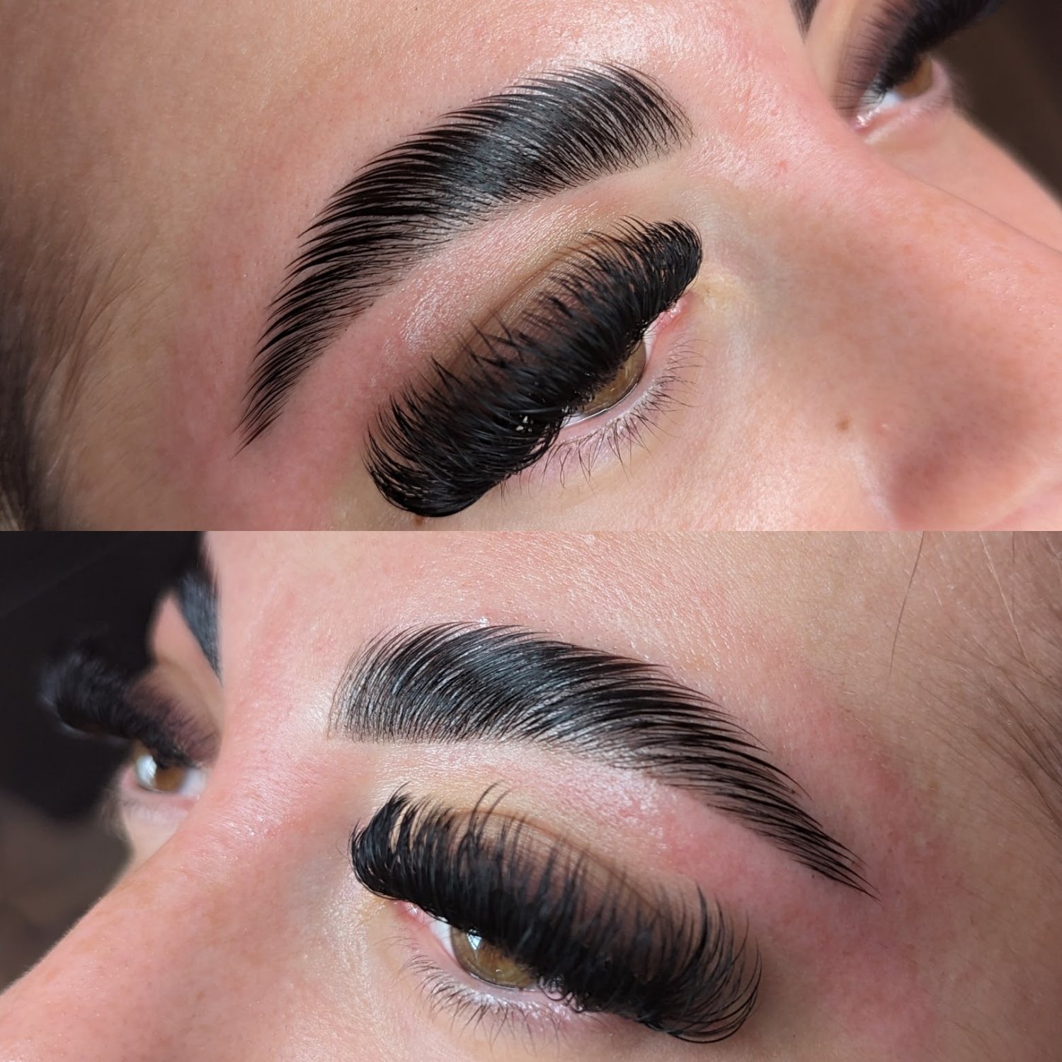 Laminated, dyed brows with lashes, shown from two angles