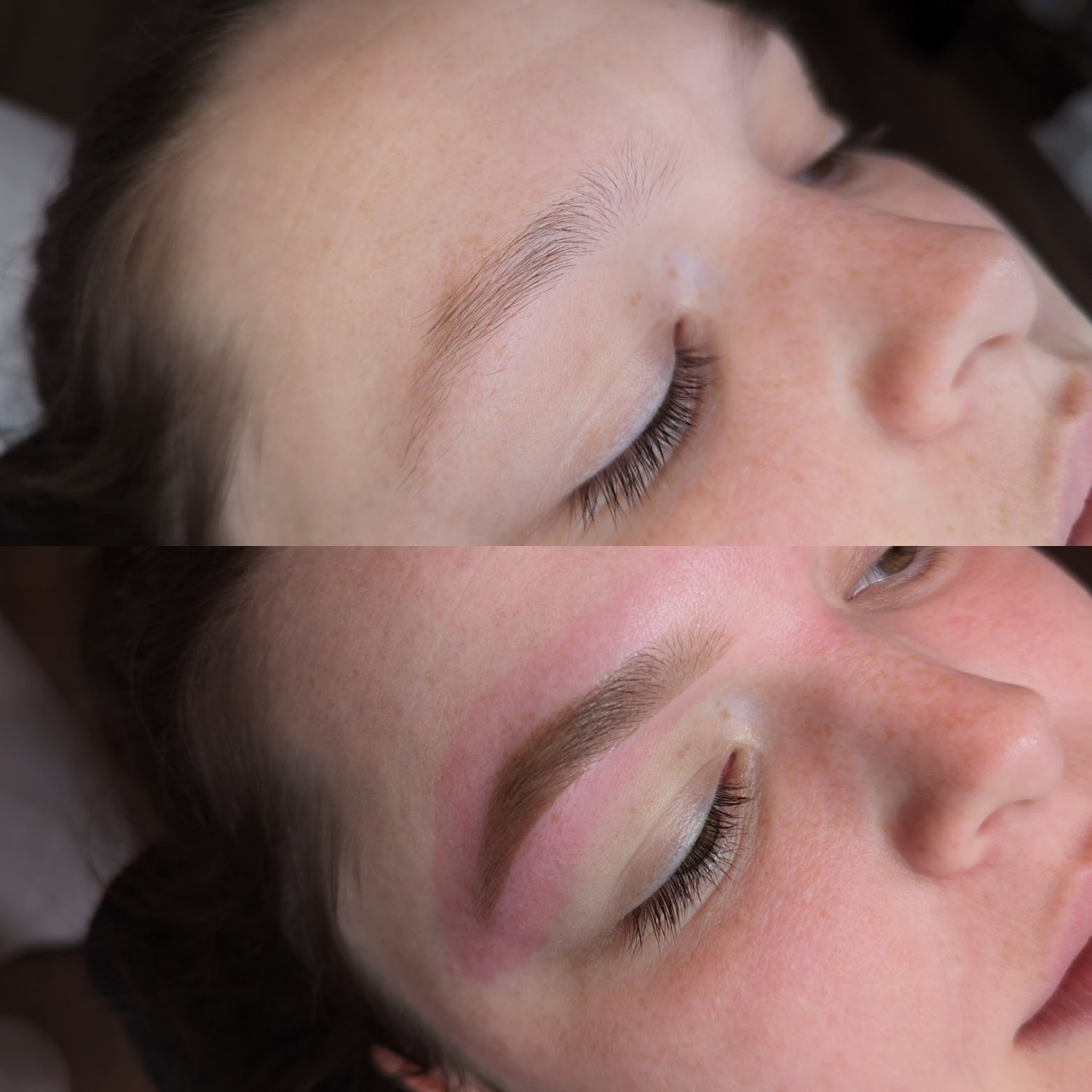 A client’s brows before and after, eyes closed